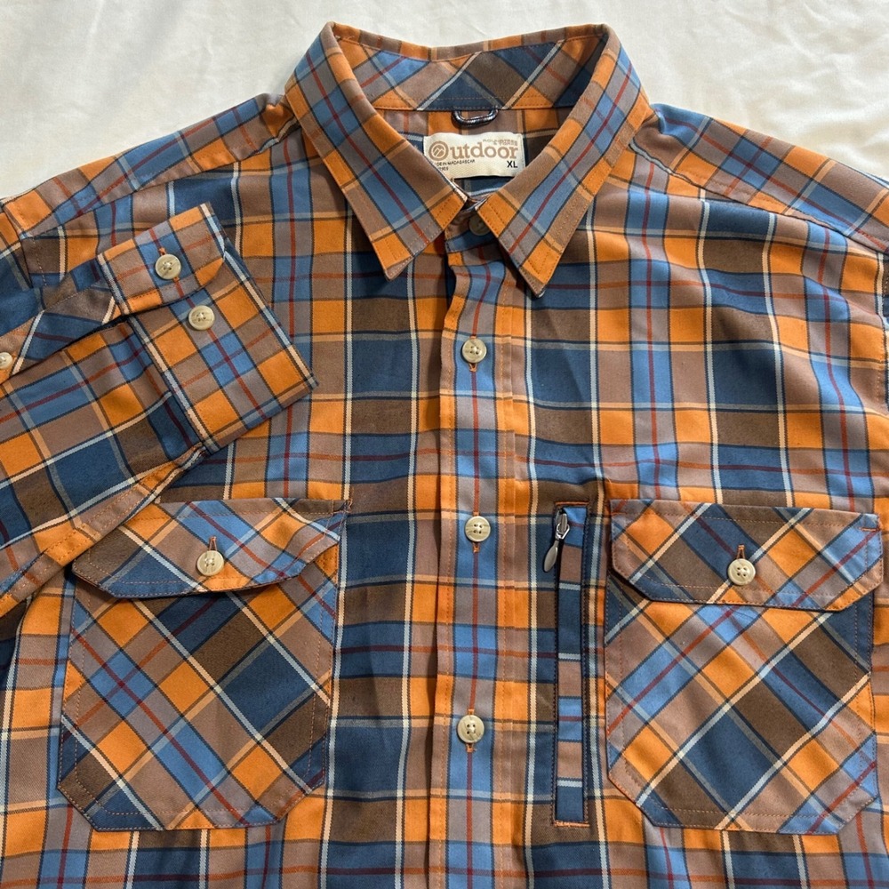 Roundtree & Yorke Outdoor Mens XL Plaid Button Down Shirt Orange Blue RN 58909